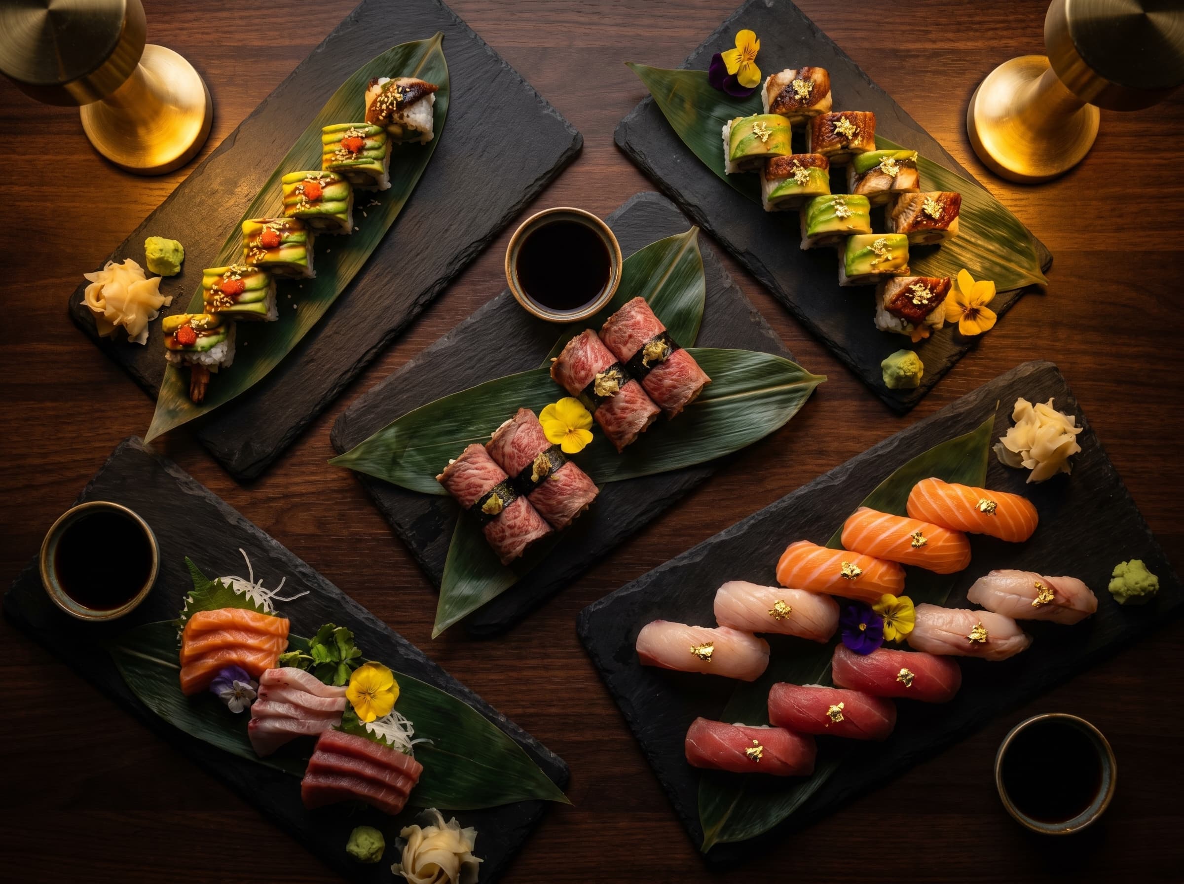 Assortiment de sashimi et nigiri dressé sur ardoise