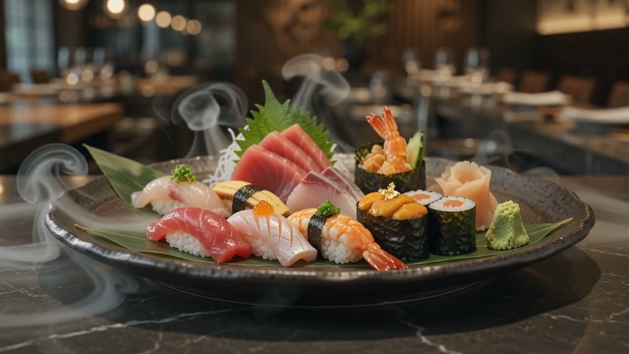Un plateau de sushi et sashimi dressé à la commande chez Lbehja Sushi
